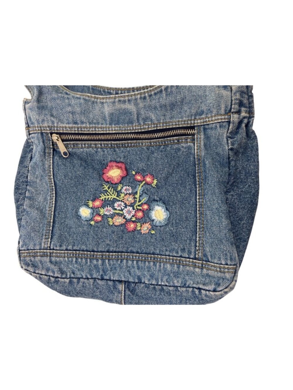 Denim Shoulder Bag With Floral Embroidery Blue Casual Everyday Tote - Picture 3 of 13